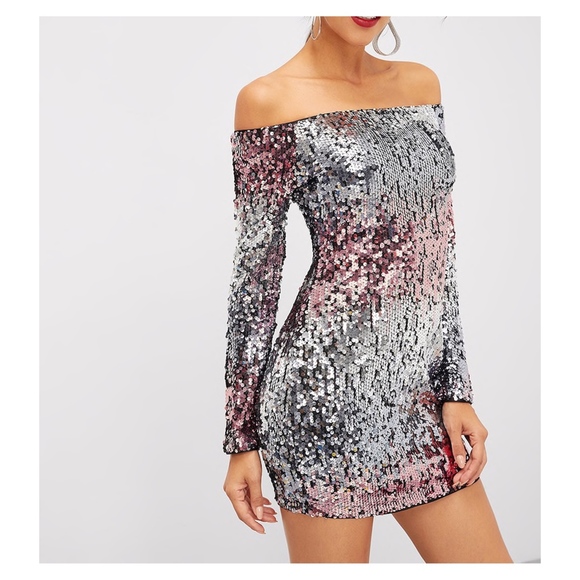Silver Pink Ombre Bodycon Sequin Cocktail Dress - Picture 3 of 7